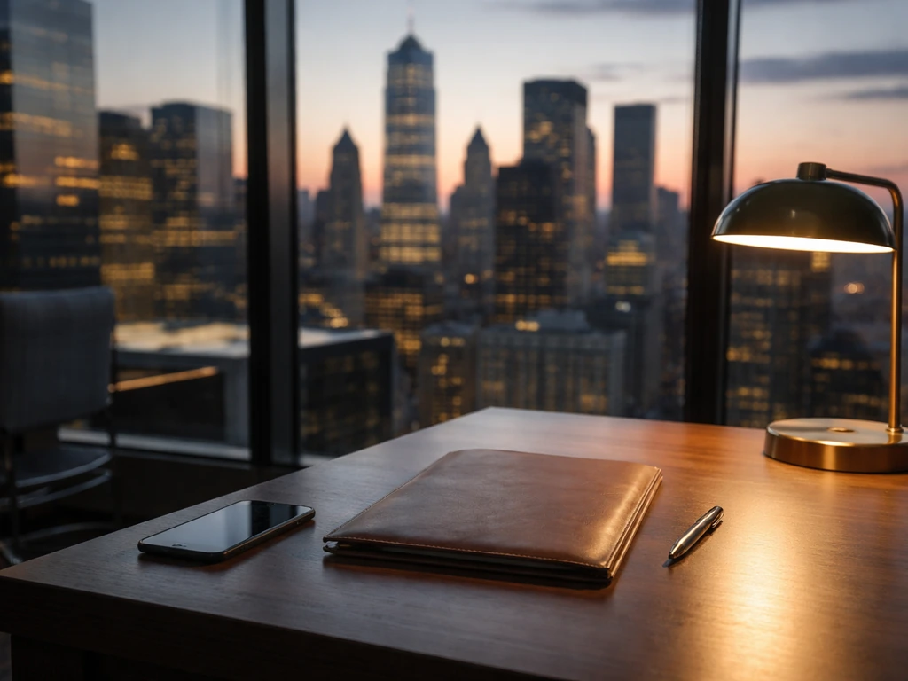 Minimal NYC office desk with skyline view at dusk, suggesting commercial real estate and lending context.
