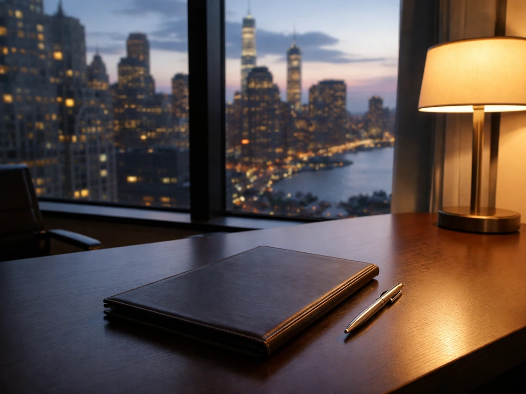 Minimal NYC office scene with desk items and a soft-focus skyline implying real estate and lending.