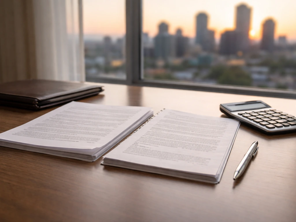 Minimal desk scene with property deed and mortgage paperwork, a calculator, and blurred city skyline outside window.