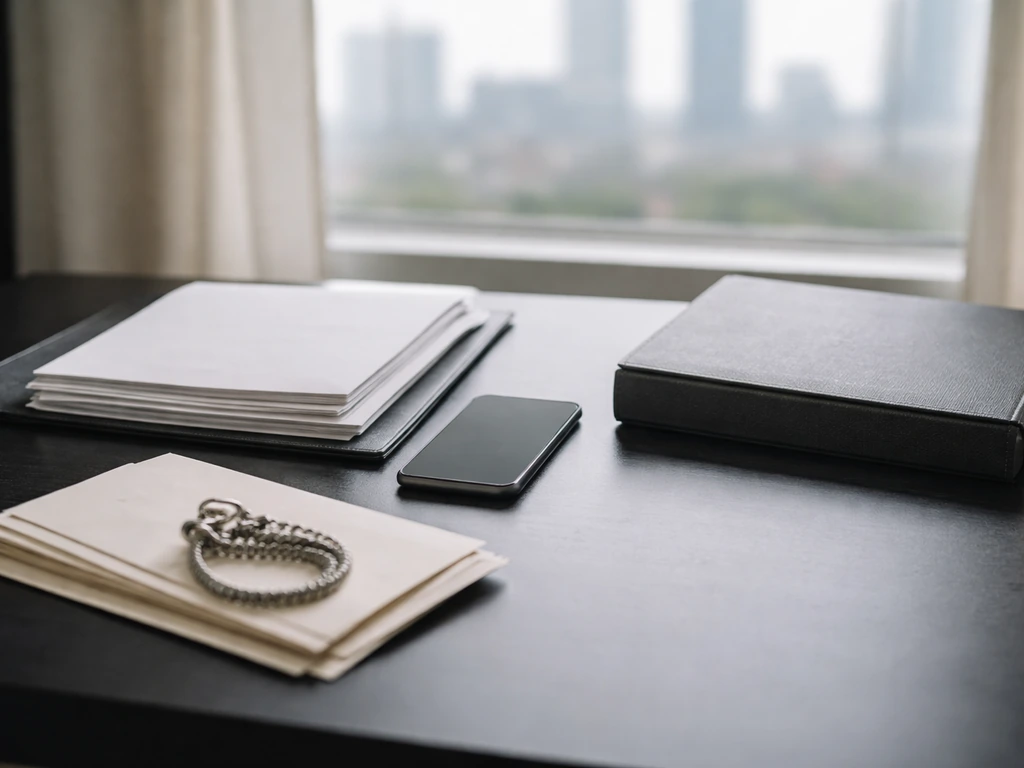 Minimal desk scene with blank financial documents and lending-related objects symbolizing liabilities.
