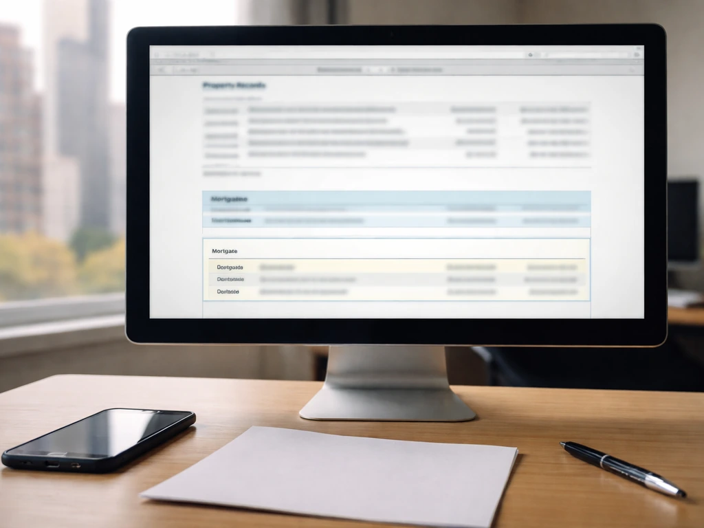Close-up of a desktop screen showing generic NYC property record details with highlighted deed and mortgage fields.