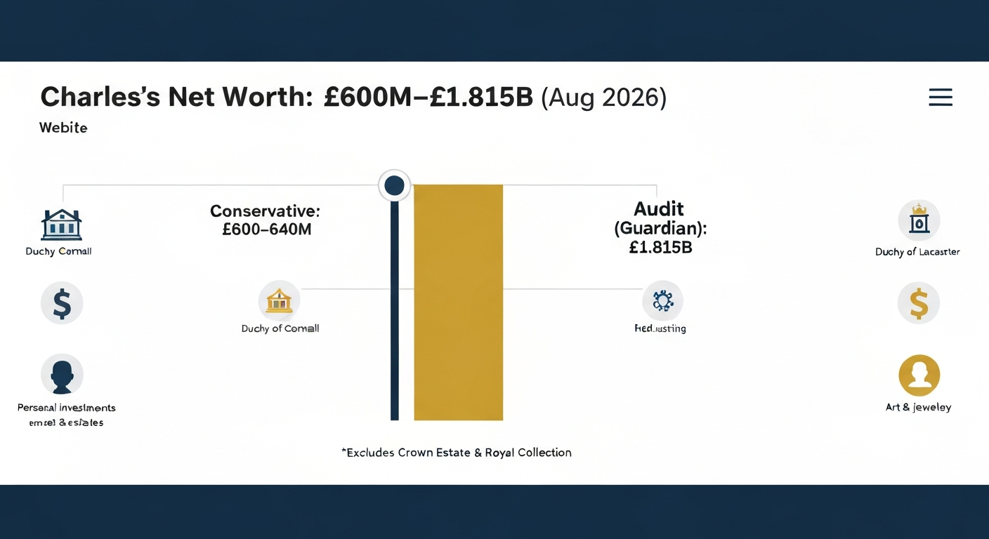 Infographic showing Charles's net worth range £600M–£1.815B with labeled markers and icons for Duchies, investments, and art.