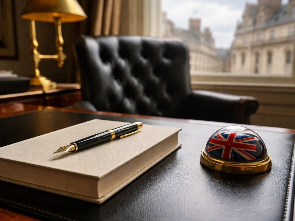 Minimal luxury office desk with gold accents and a subtle Union Jack ribbon, symbolizing King Charles III net worth cove
