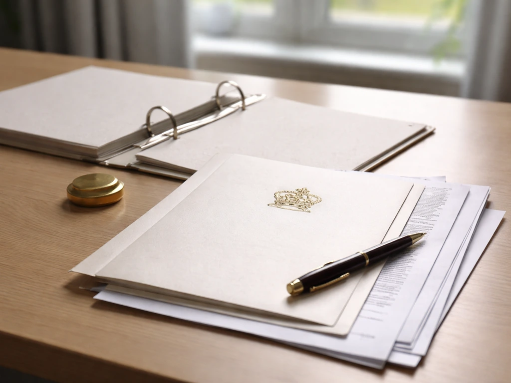 Open official-looking documents on a desk with a crown seal, suggesting how royal finances are structured.