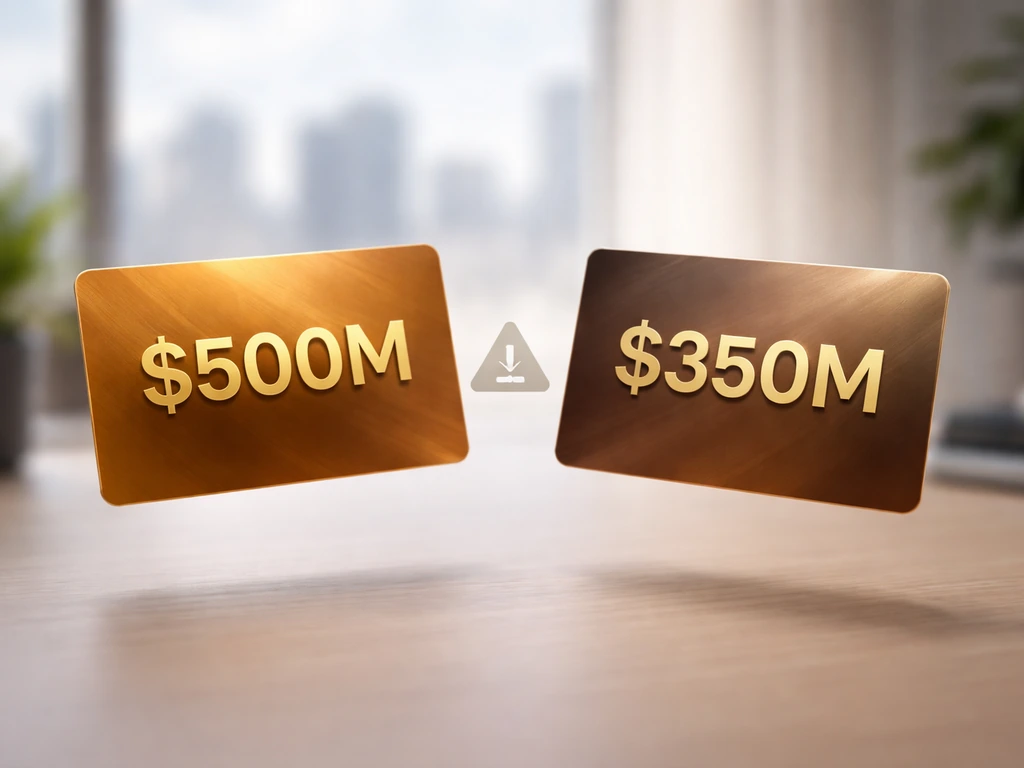 Split-screen style scene showing two different money figures on separate cards with a key caveat overlay