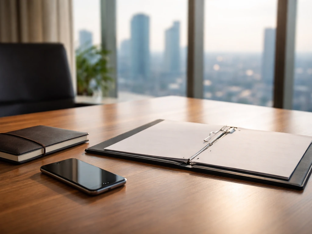 Candid photo of an executive desk with a smartphone and documents in a quiet corporate office setting