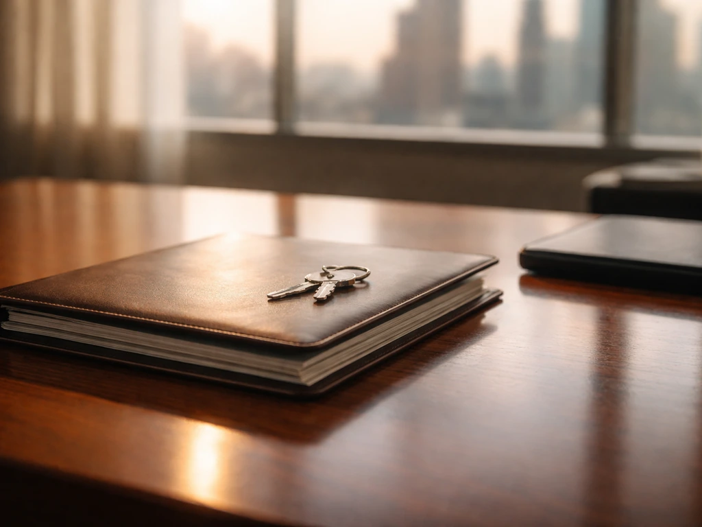 Close-up of a leather-bound folder and keys on a tidy desk beside a blurred city skyline window view