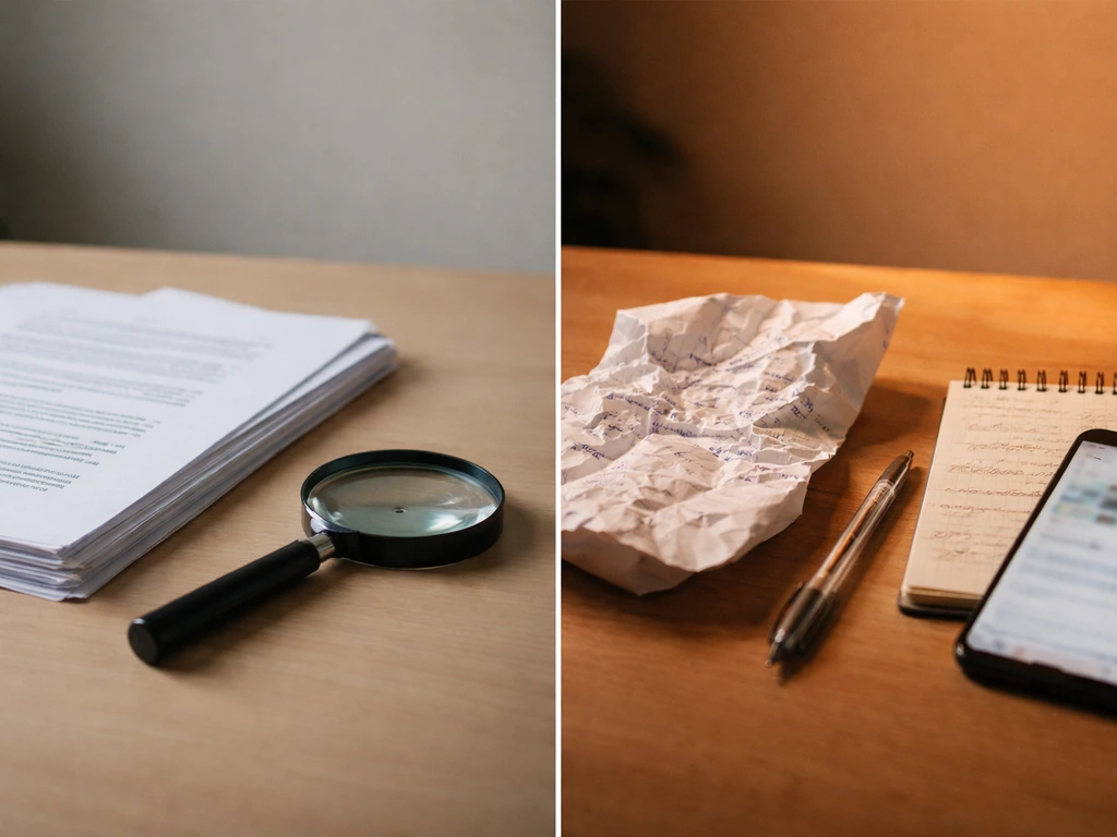Split-lit desk with documents and magnifying glass on one side, crumpled page and phone on the other.