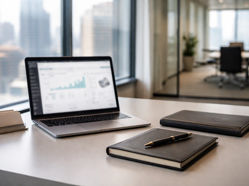 Minimal executive desk with laptop and investment-themed accessories in a modern office.