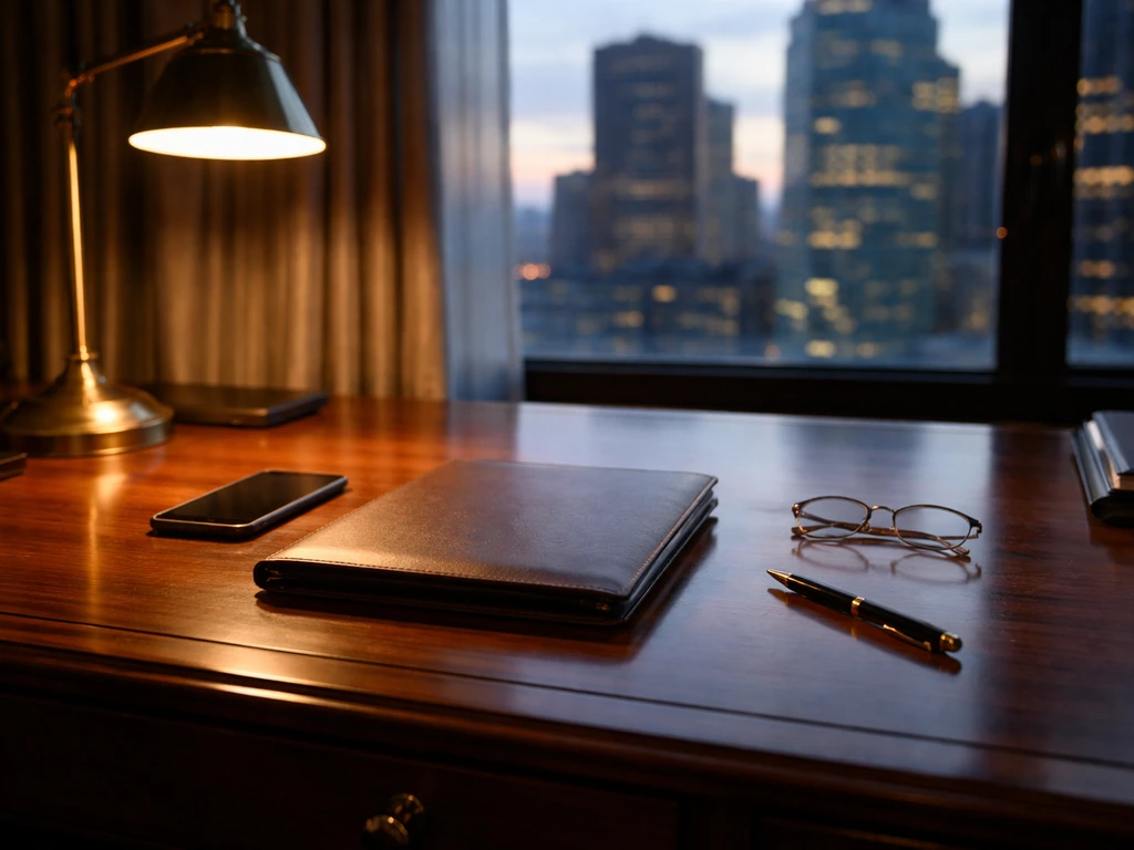 Minimal luxury office desk with city skyline blurred in background, symbolizing real-estate business context.