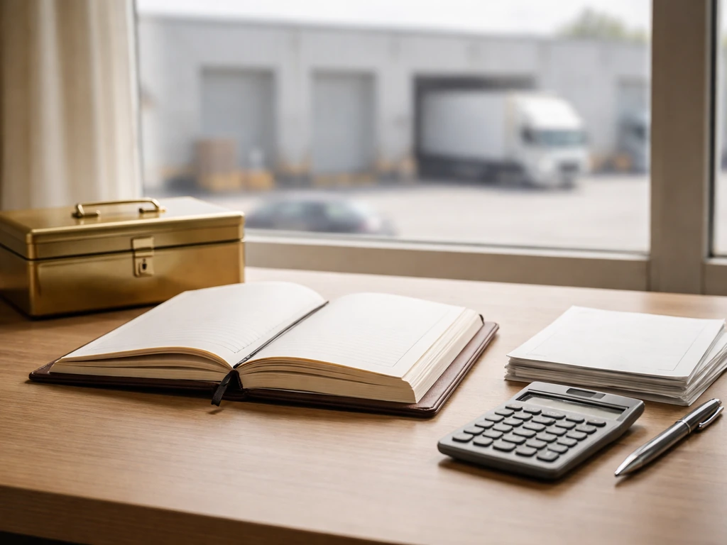 Minimal business desk with ledger, cashbox, calculator, and blurred warehouse background suggesting income growth.