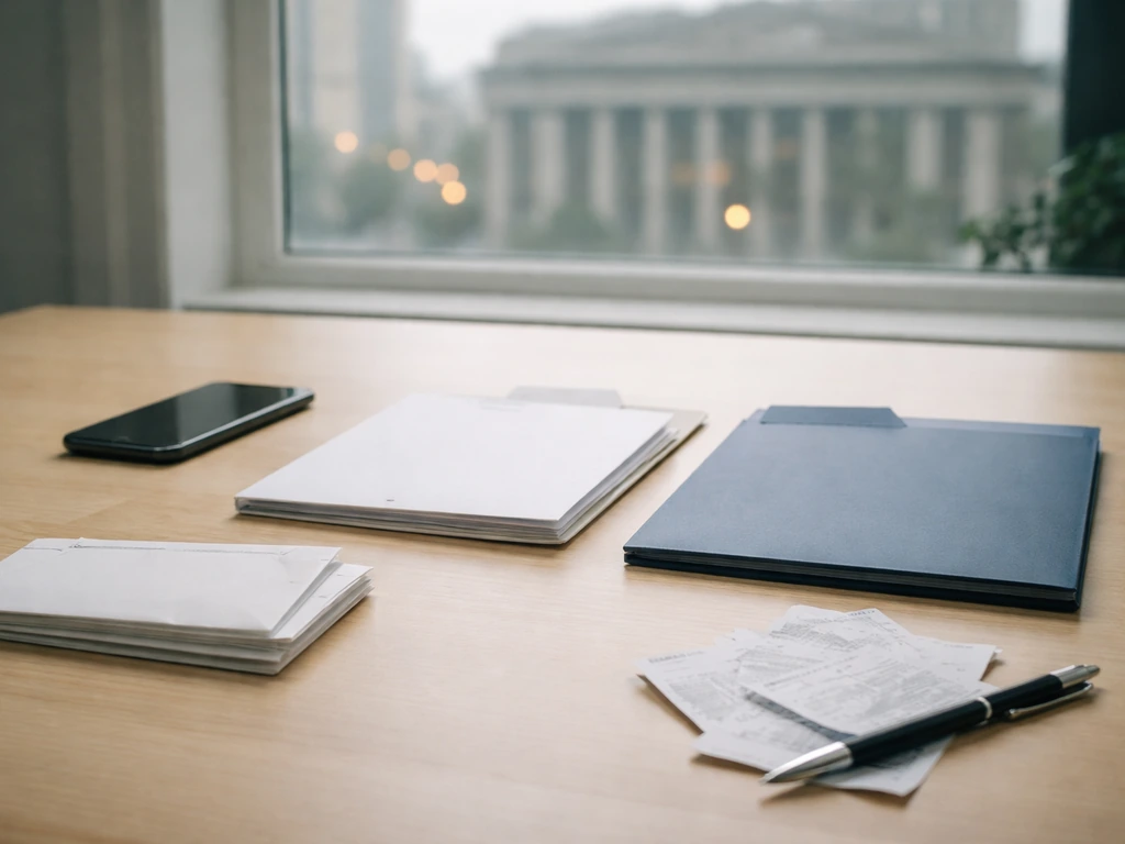 Minimal desk scene with scattered receipts and two folders labeled only by color, suggesting assets vs liabilities