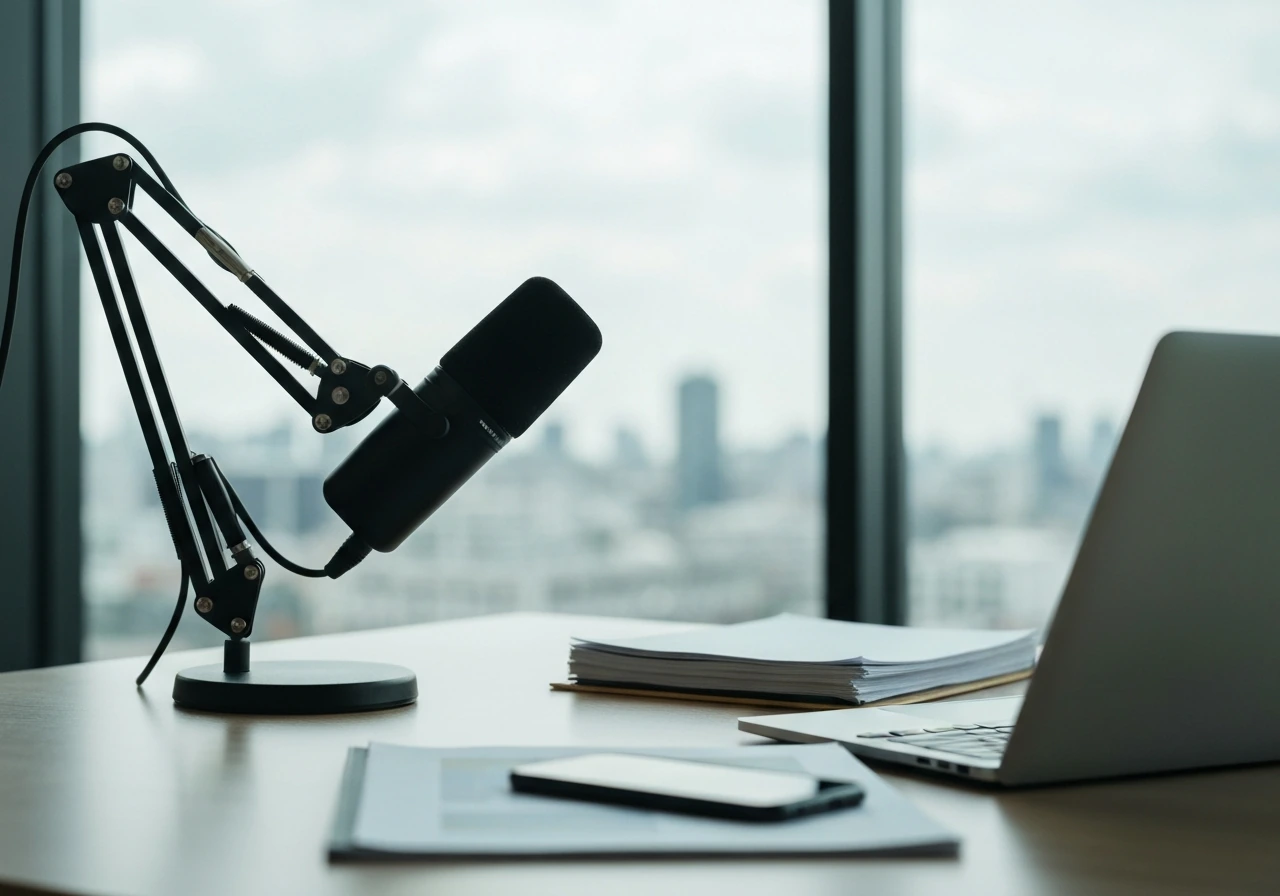 Minimal office desk scene with a professional microphone and documents, symbolizing media and finance analysis.