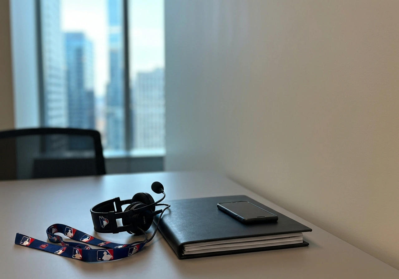 Anonymous communications desk in an office corridor with headset mic and folder, symbolic of MLB media work.