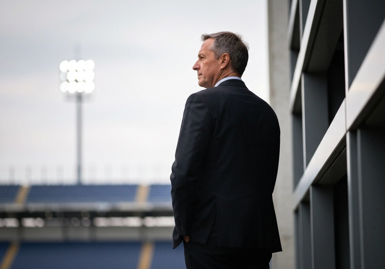 Communications executive in a quiet MLB-style press area with a media backdrop and neutral suits.