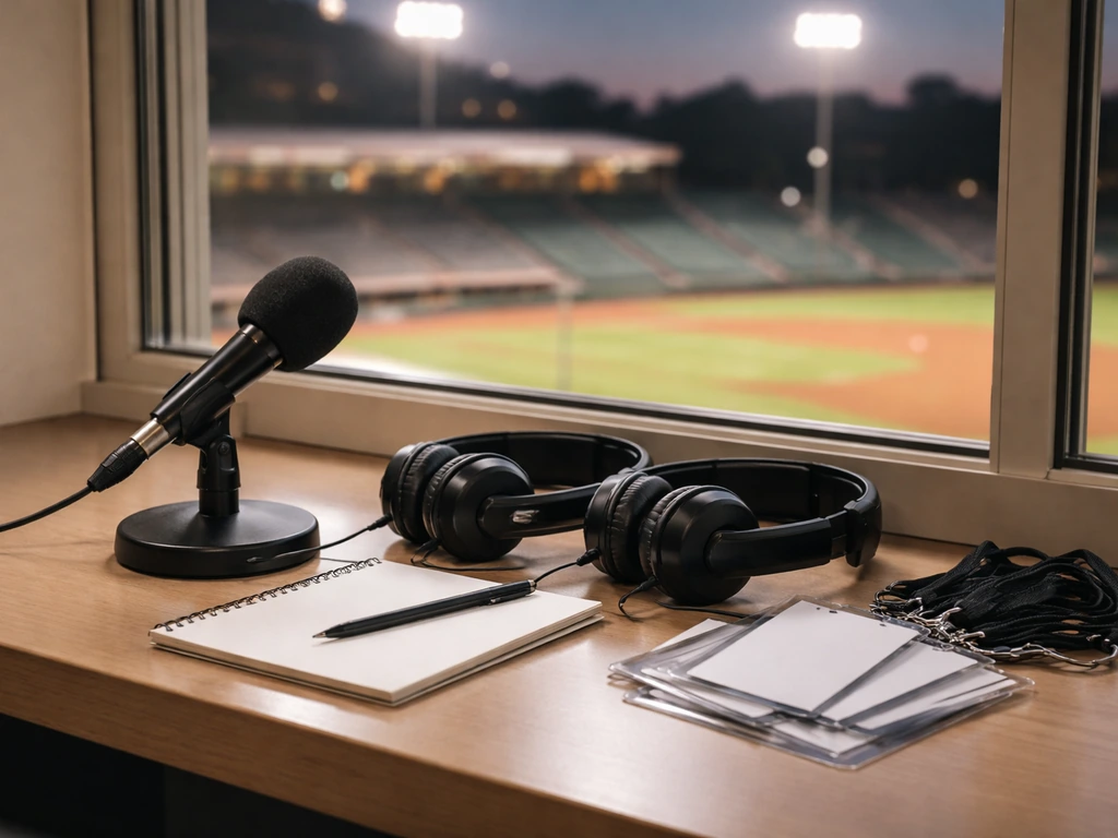 Empty minor-league baseball office desk with microphones and a stadium window view at dusk