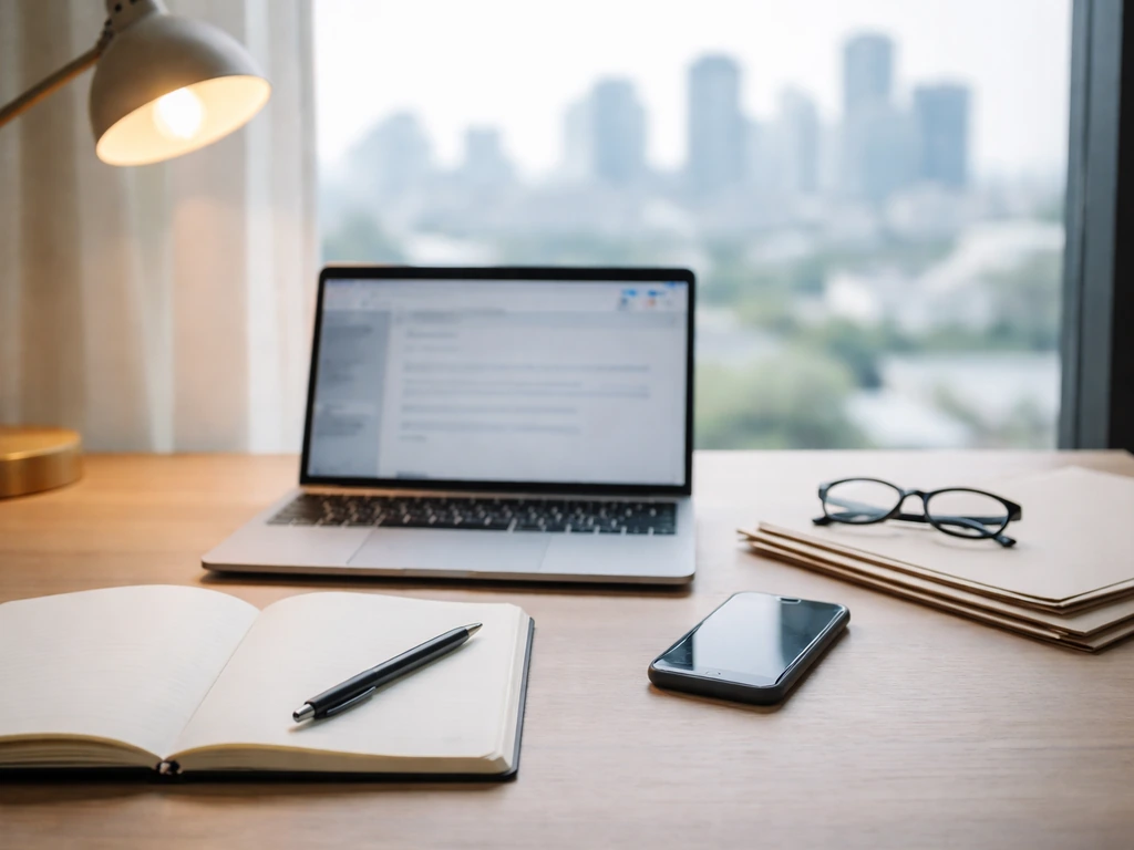 Minimal desk scene with laptop, smartphone, notebook, and folders for verifying financial figures