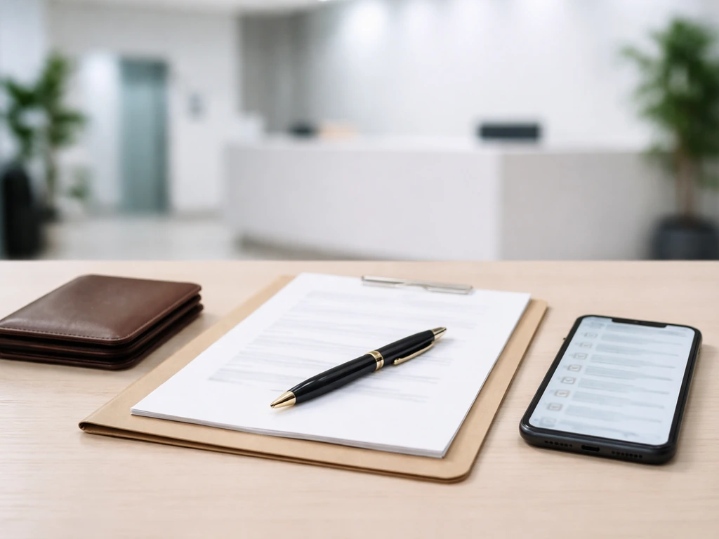 Minimal desk scene with unbranded documents and smartphone for identity verification.