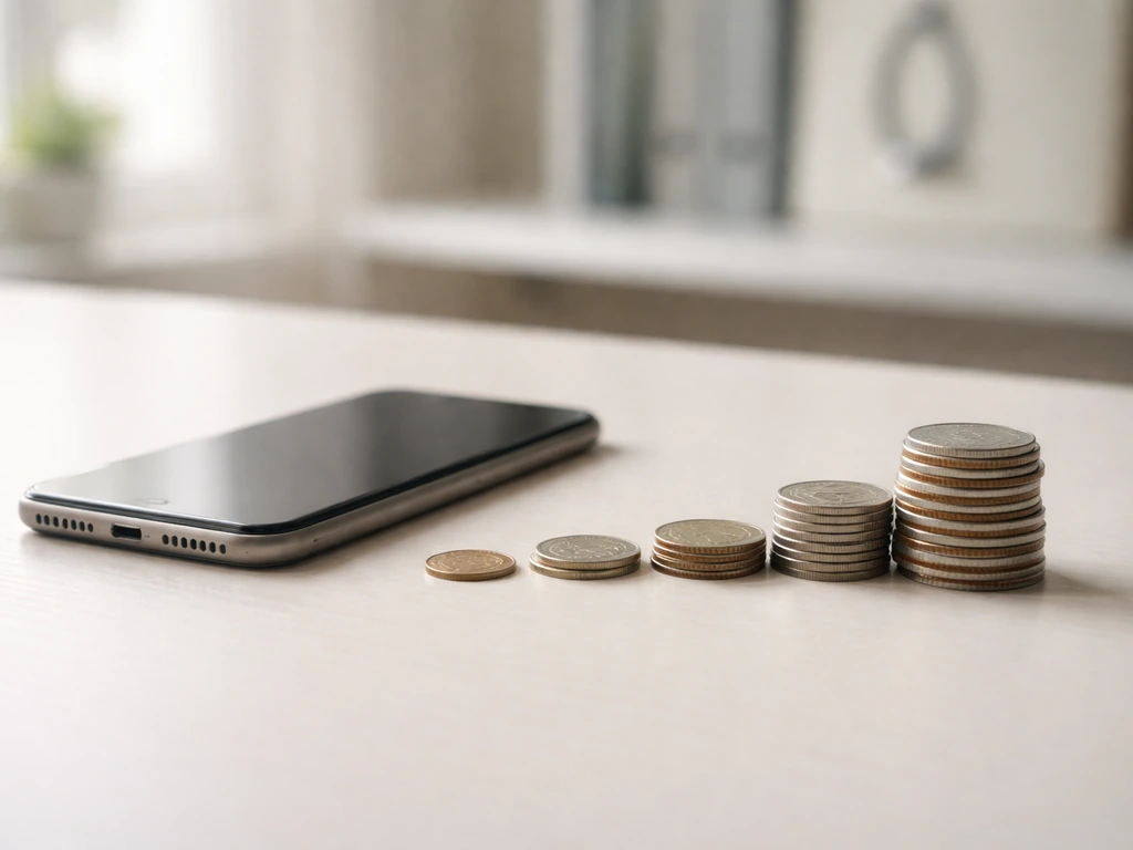 Minimal photo of a smartphone and coins on a desk, symbolizing career milestones and wealth growth
