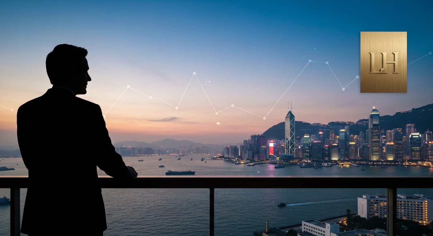 Anonymous business silhouette overlooking Hong Kong skyline with subtle financial graphics, representing Lake House Group and a private family office.