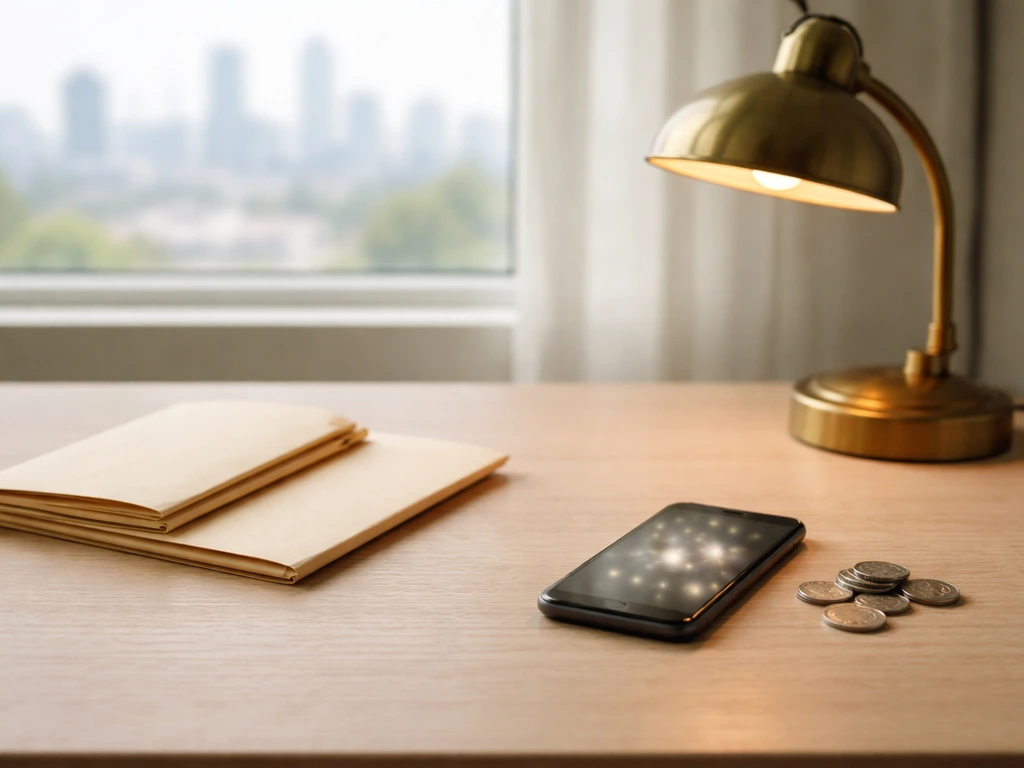 Desk with two unlabeled folders and a flickering smartphone showing changing coin stacks, symbolizing conflicting net wo