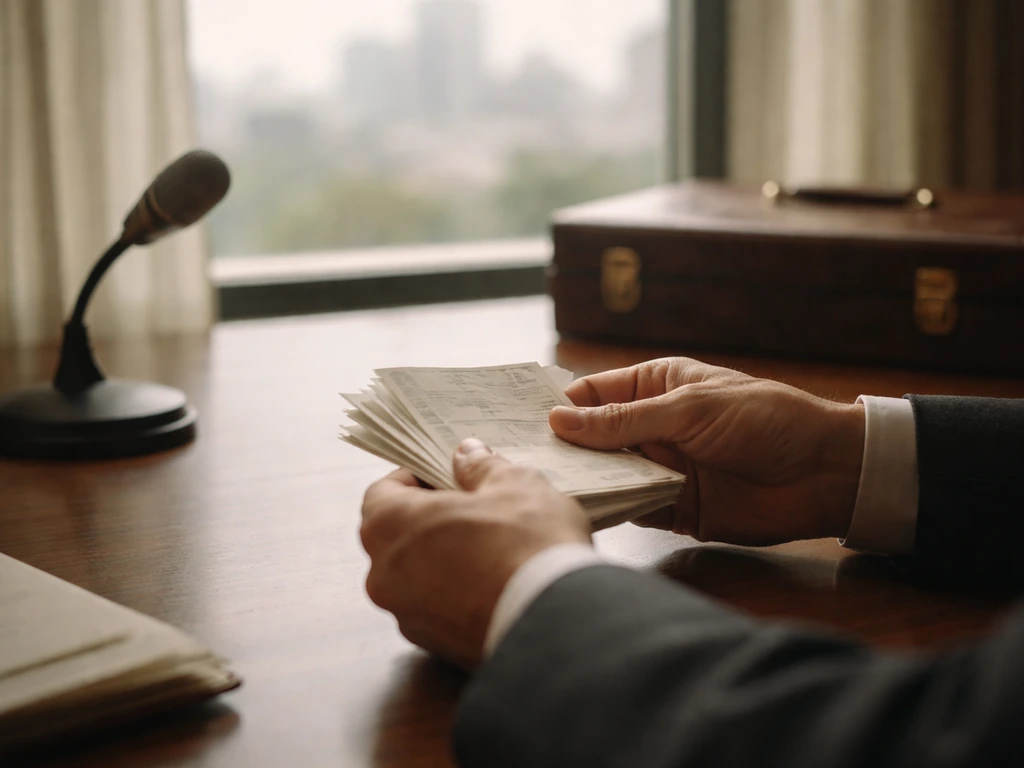 Anonymous hands over a desk with a briefcase and donation receipts in soft morning light.