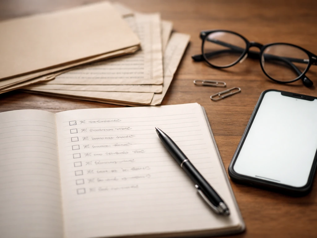 Close-up of notebook, printed archived papers, and pen on a desk suggesting verifying sources.
