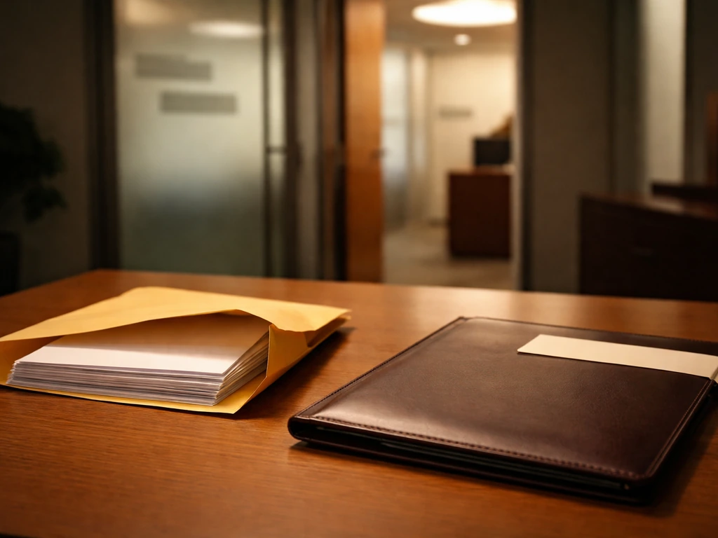 Envelope and contract folder on a desk in a blurred Hollywood-style office doorway, symbolizing a mailroom start.