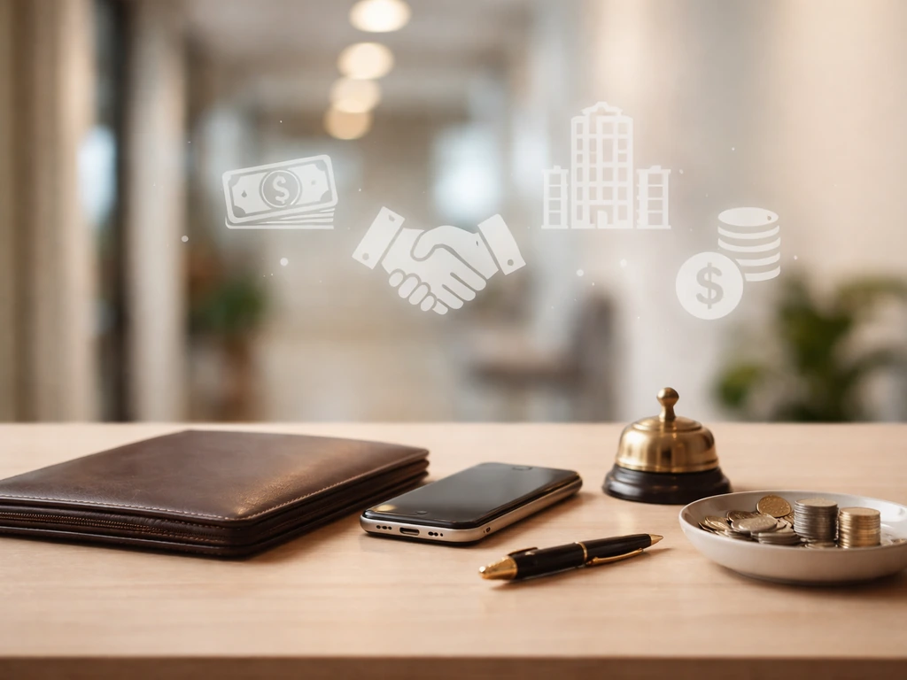 Minimal desk scene with portfolio and coins, with faint floating income-style icons, no text.