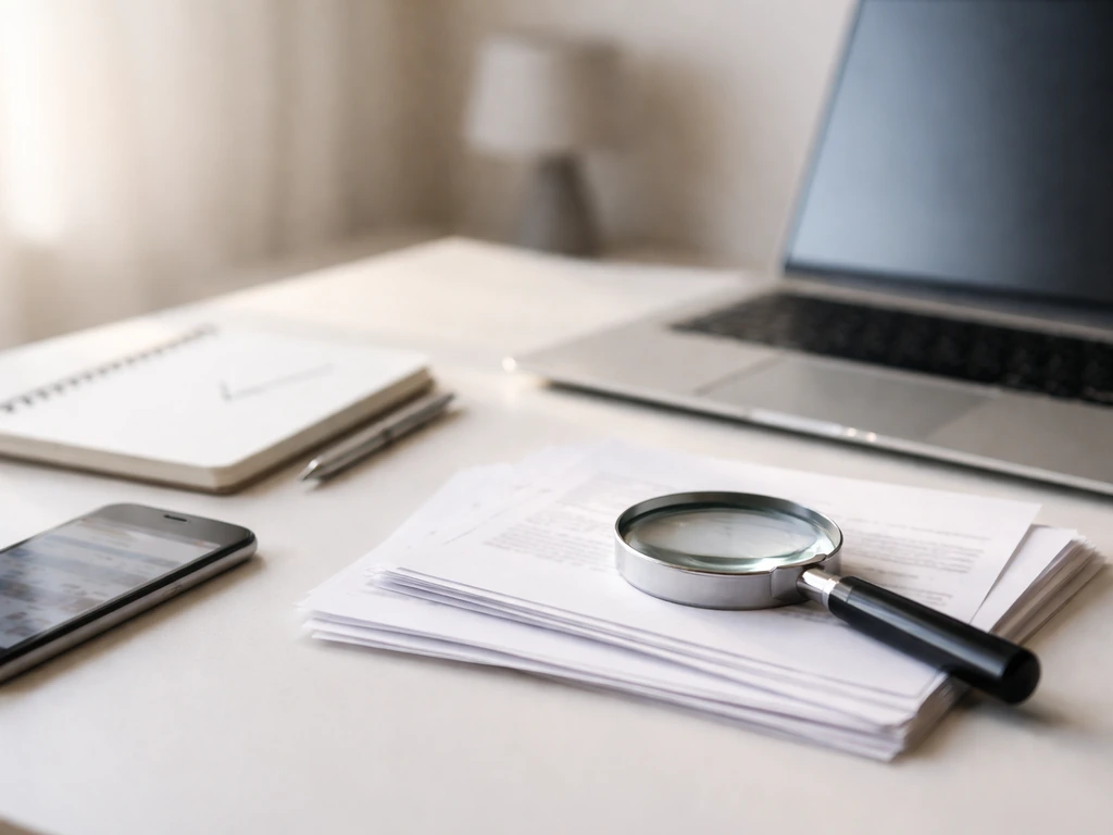 Open laptop, blank notepad with check marks, documents, and magnifying glass symbolizing verifying net worth claims.
