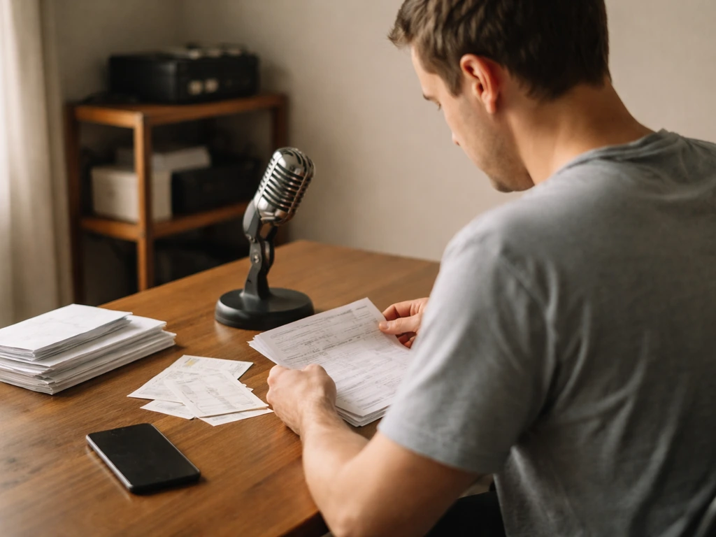 Gospel music entrepreneur at a desk with a microphone and scattered business receipts, symbolizing income verification