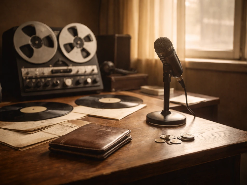 Archival-style studio desk with vintage recorder, microphone, and coins symbolizing net worth and media.