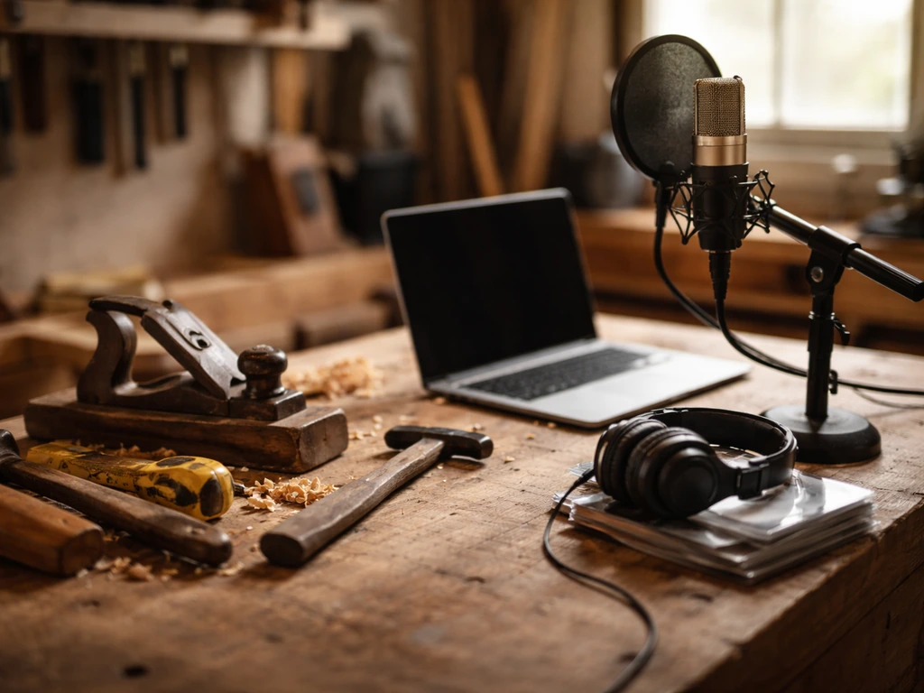 Carpentry tools beside a simple home music recording setup, showing trade income and music-related work.
