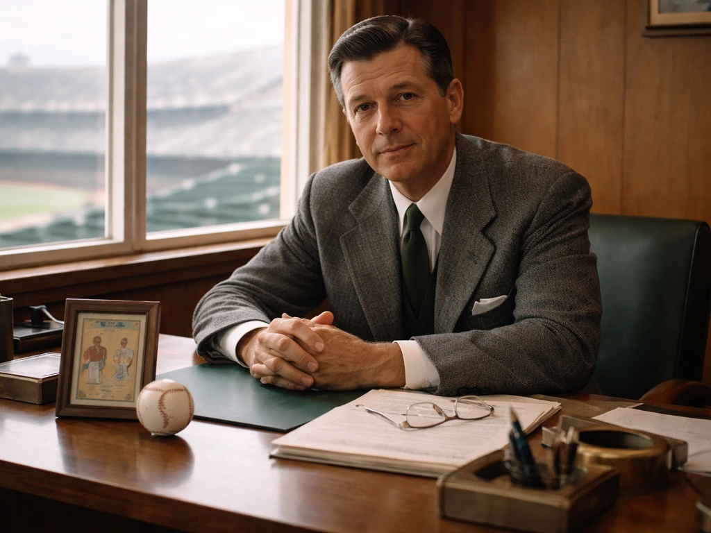 Vintage baseball owner sits in an office with baseball memorabilia and stadium seats behind him.