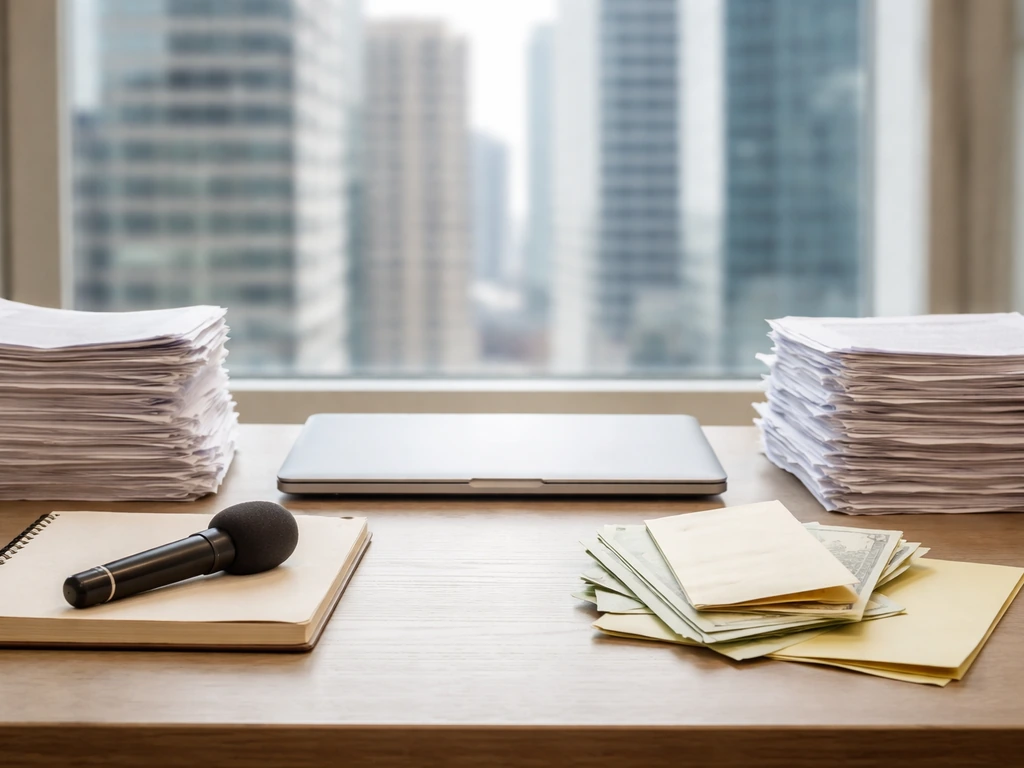Minimal desk scene with laptop and two blurred stacks of documents symbolizing conflicting net worth estimates.