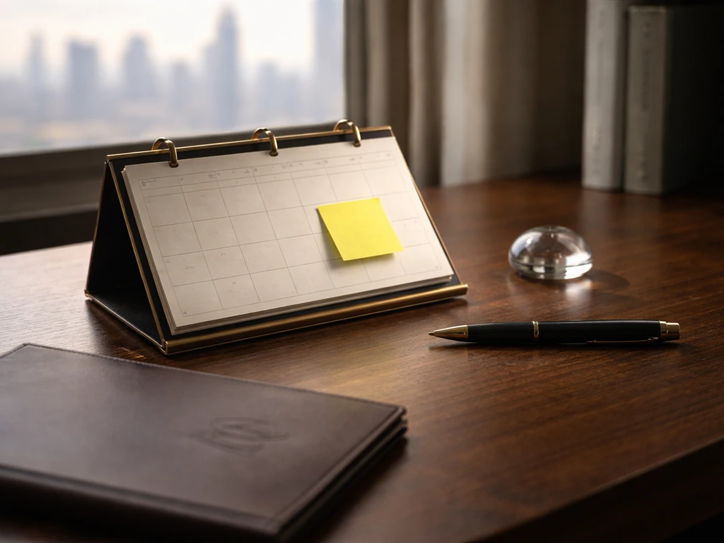 Minimal desk scene with a blank calendar and highlighted sticky note suggesting a finance milestone timeline.