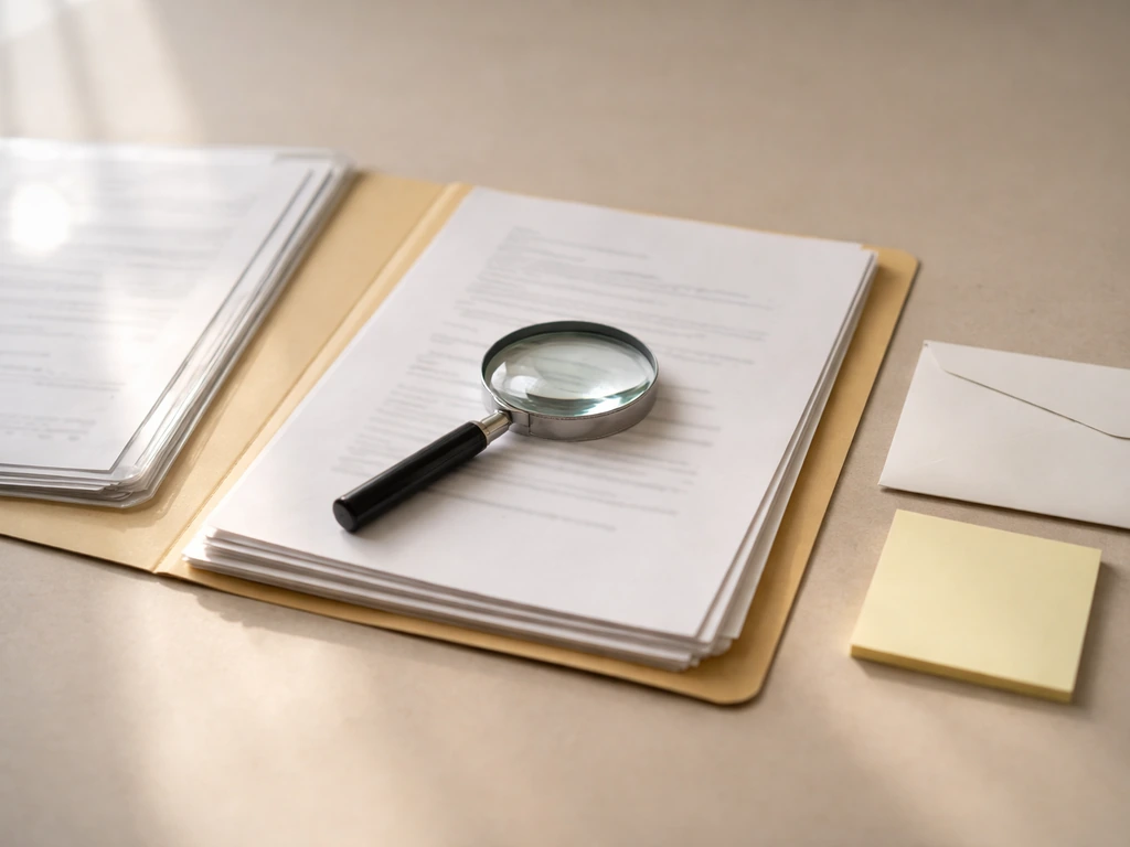 Desk scene with magnifying glass over document folder, contrasting official-looking papers and blank items.