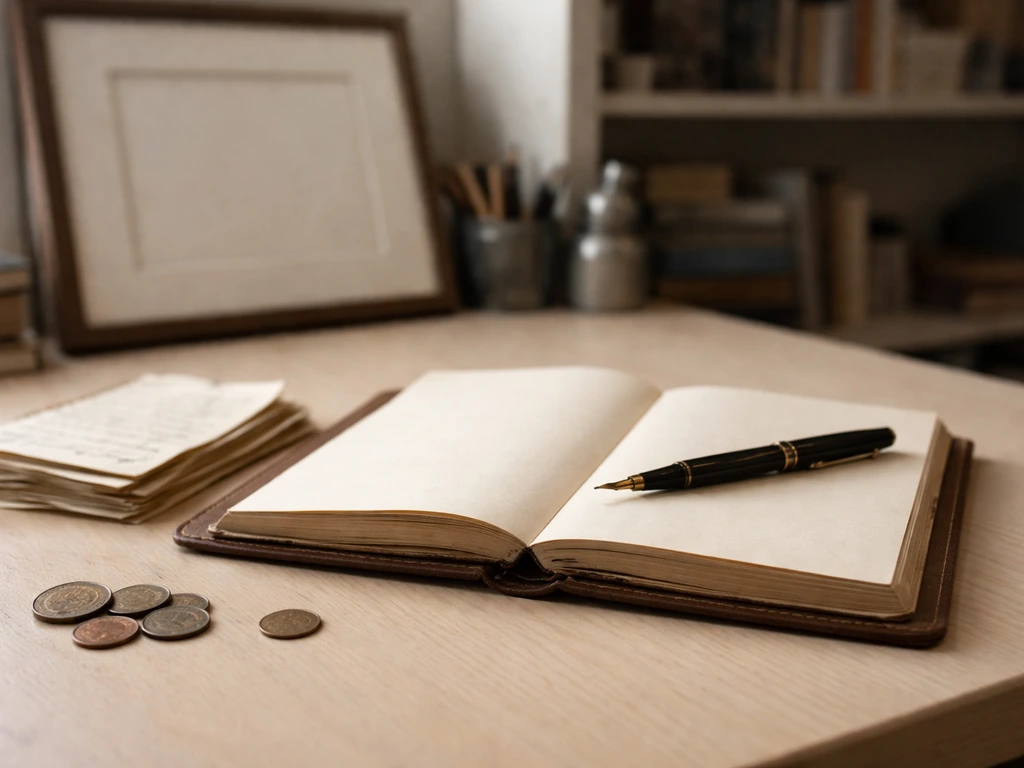 A tidy writing desk with a vintage cartoon-style sketchbook, pen, and a few coins—symbolic of Charles Schulz’s legacy.