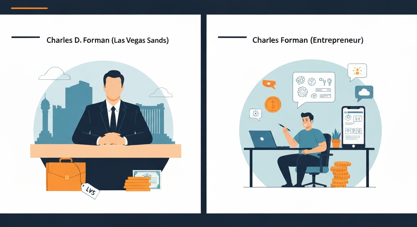 Split editorial illustration: left shows a corporate boardroom and Las Vegas resort with 'LVS' stock symbols to represent Charles D. Forman; right shows a casual founder with a laptop and a playful drawing-app screen to represent Charles Forman the entrepreneur.