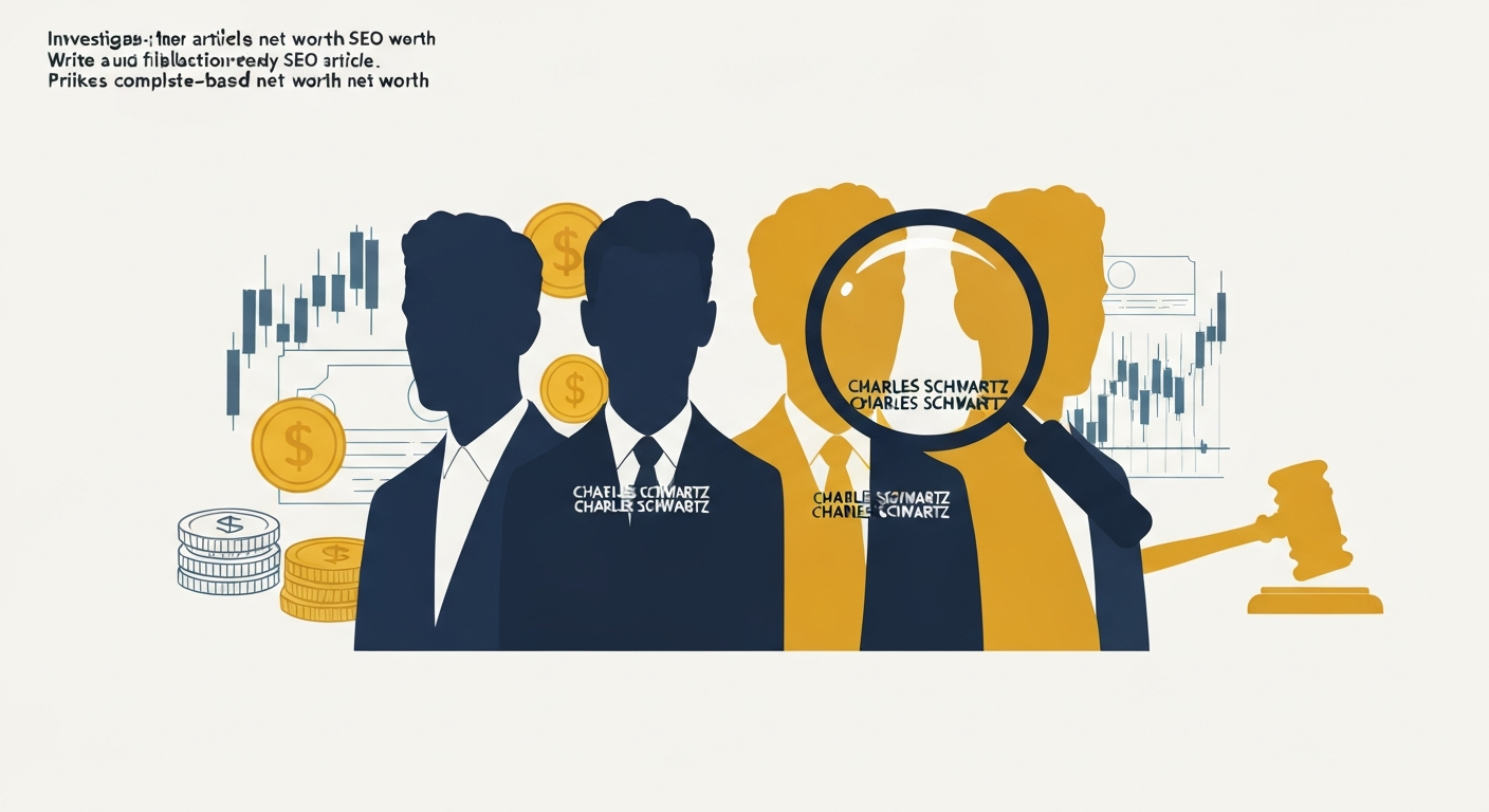 Illustration showing multiple silhouetted figures labeled 'Charles Schwartz', a magnifying glass, currency symbols, and subtle icons for retail, judiciary, and finance — representing disambiguation and net worth investigation.