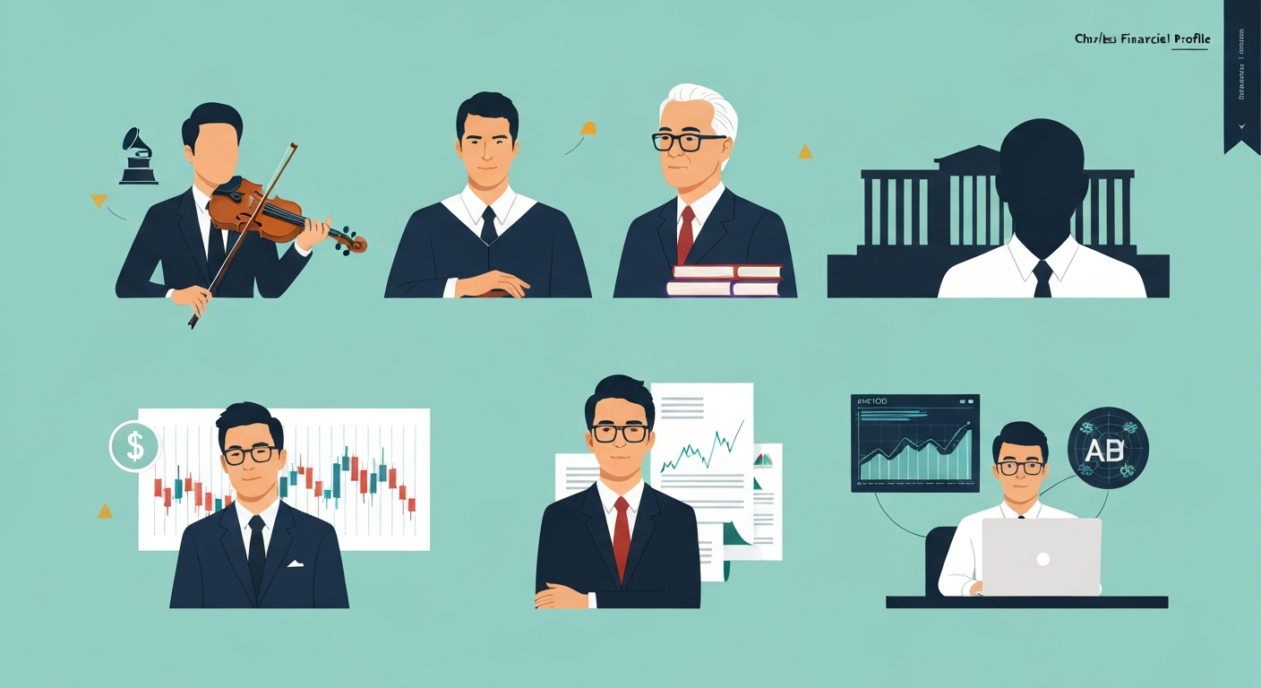 Illustrated montage of four stylized profiles titled 'Charles Yang': a violinist with a Grammy, an academic with books, a corporate CFO with a stock chart, and a startup CEO at a laptop; editorial hero image for a net worth article.