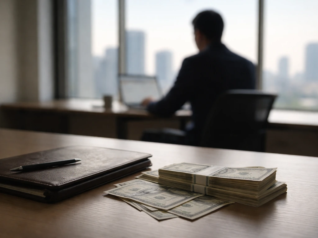 Minimal desk scene with cash, a laptop, and a confident finance professional silhouette in soft light