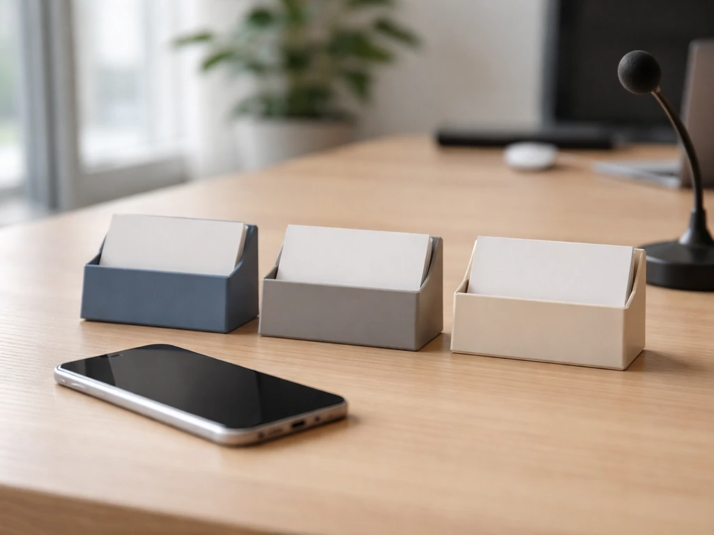 Minimal office desk with three anonymous card holders and a smartphone, symbolizing identity disambiguation.
