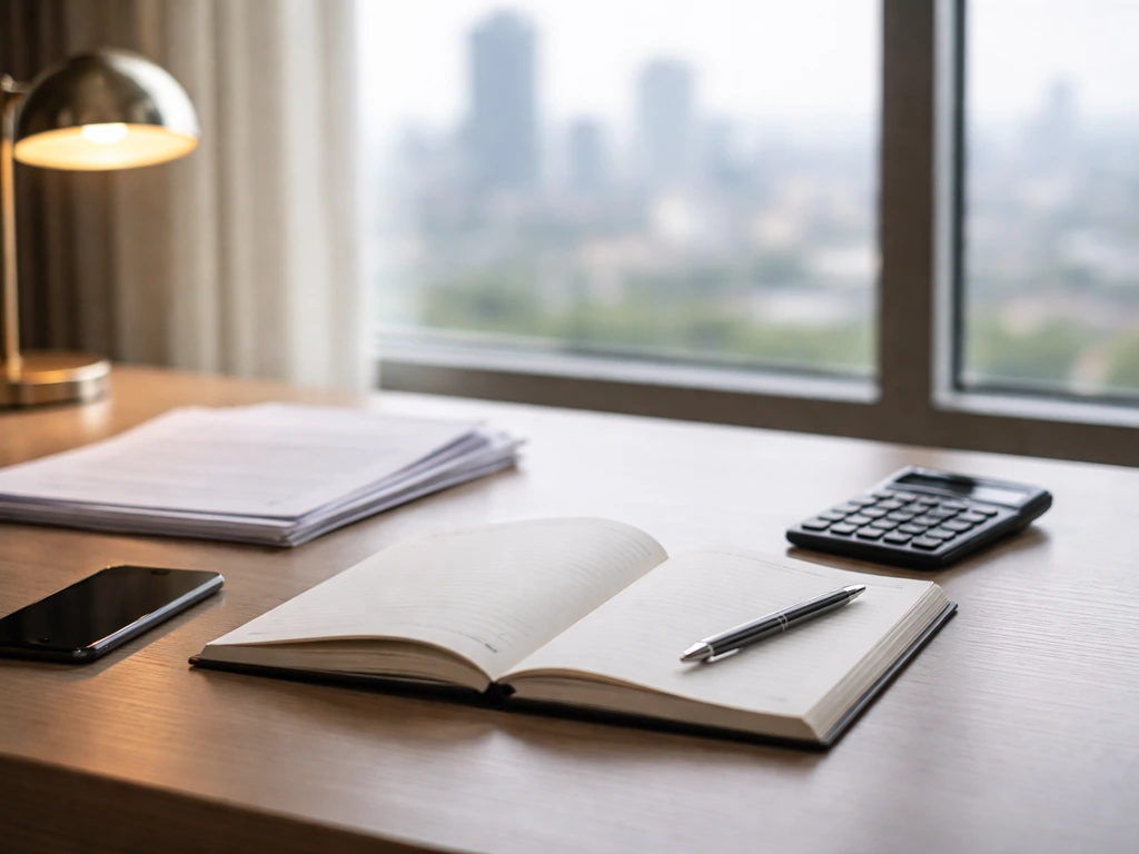 Anonymous office desk with notebook, calculator, and papers symbolizing mapping AUM and fee inputs