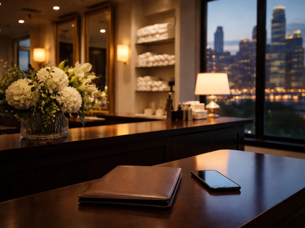 Luxury Chicago salon counter at dusk with a leather portfolio and phone, symbolizing verified wealth estimates.