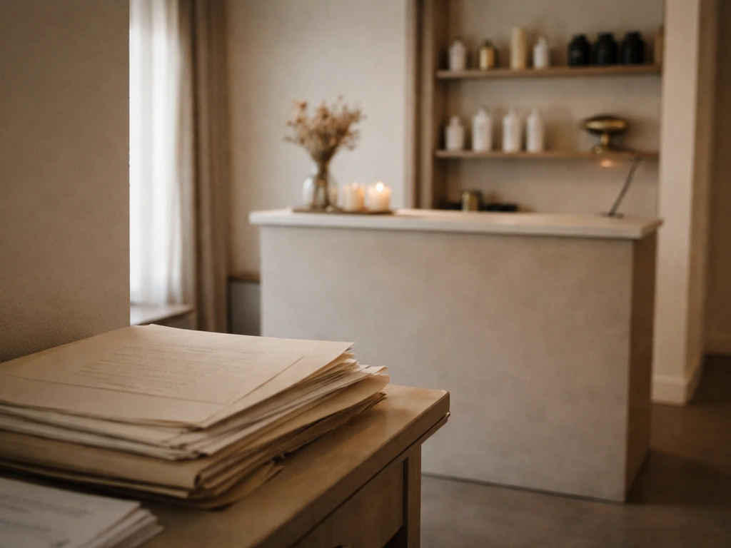 Minimal photo of a beauty salon entrance door with blurred record-like paperwork in the foreground