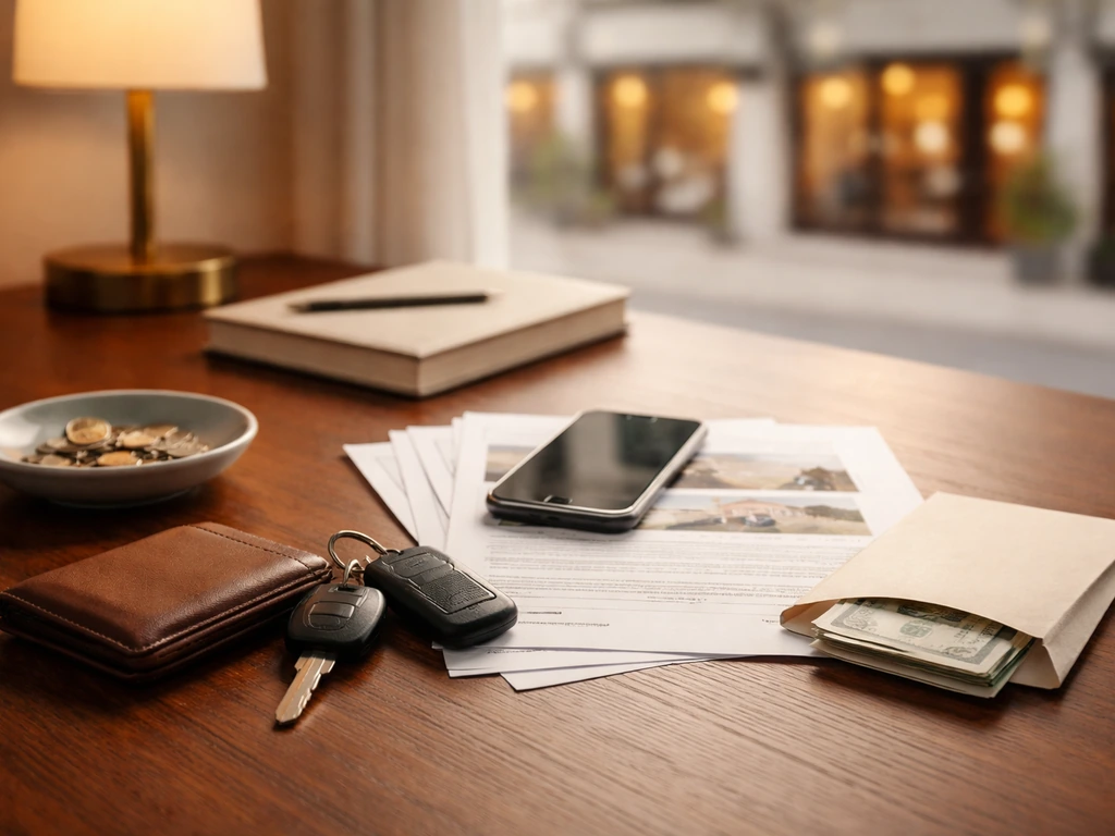 Minimal desk scene with coins, documents, and bills symbolizing assets minus liabilities for a business owner