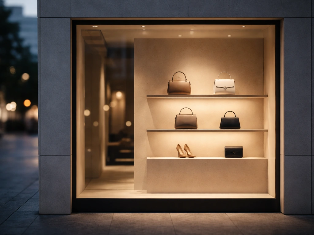 High-end fashion storefront window display with handbags and shoes, soft dusk lighting, no people.