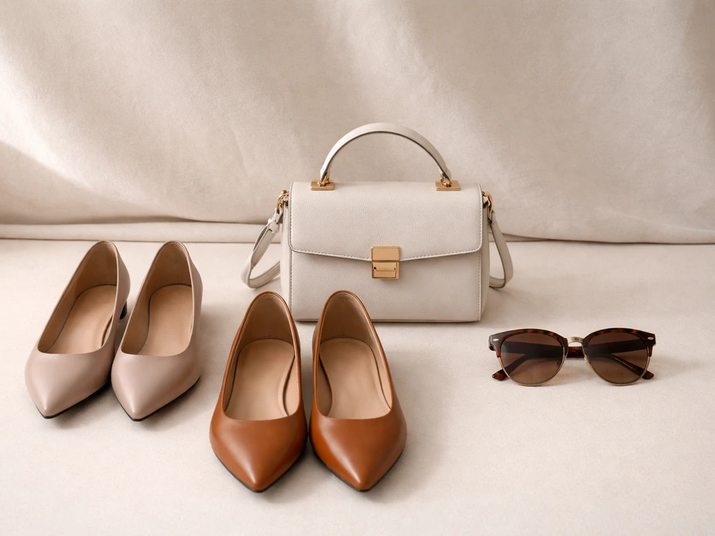 Minimal flat-lay of Charles & Keith style accessories: flats, a small handbag, and sunglasses on a neutral surface