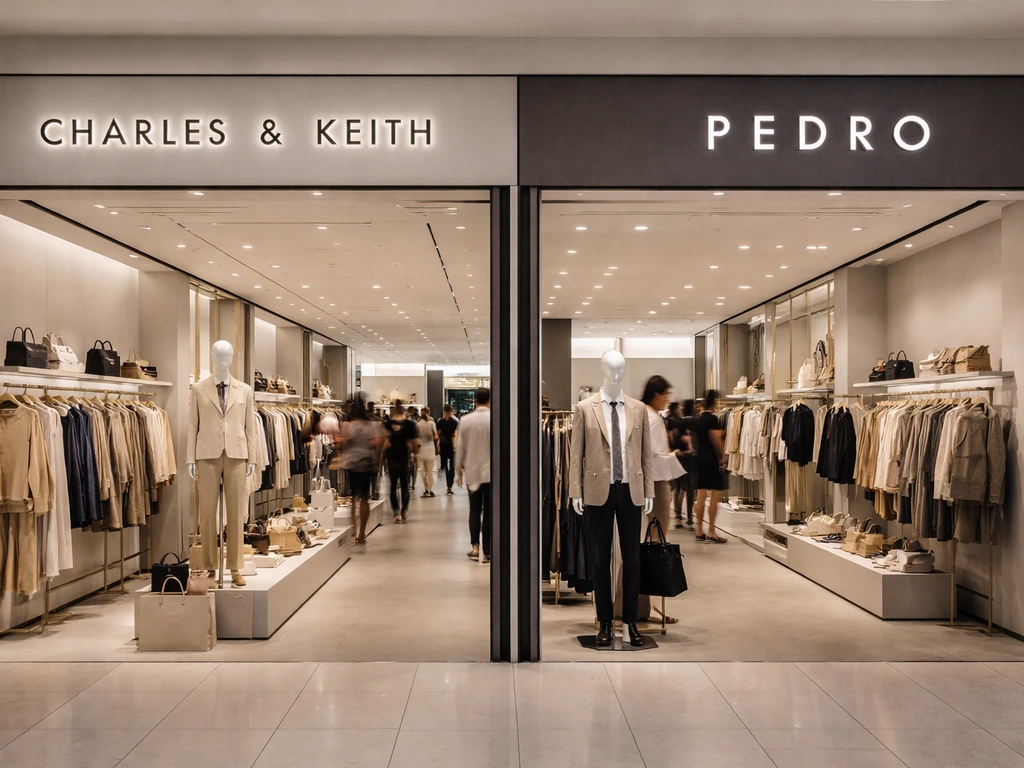 Two adjacent brand displays in a mall store, showing Charles & Keith and Pedro cues side by side.